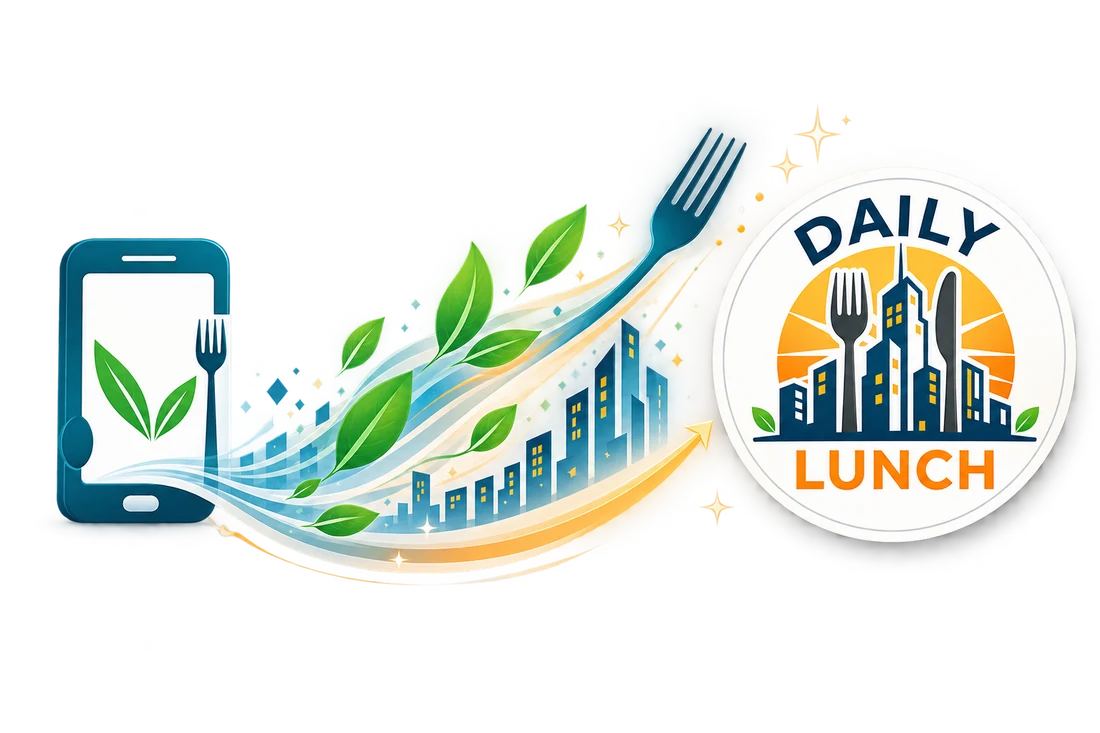 Daily Lunch gamla appikon som utvecklas till den nya Daily Lunch-logotypen, med gröna blad, gaffel och stadssiluett som flyter över mellan dem.